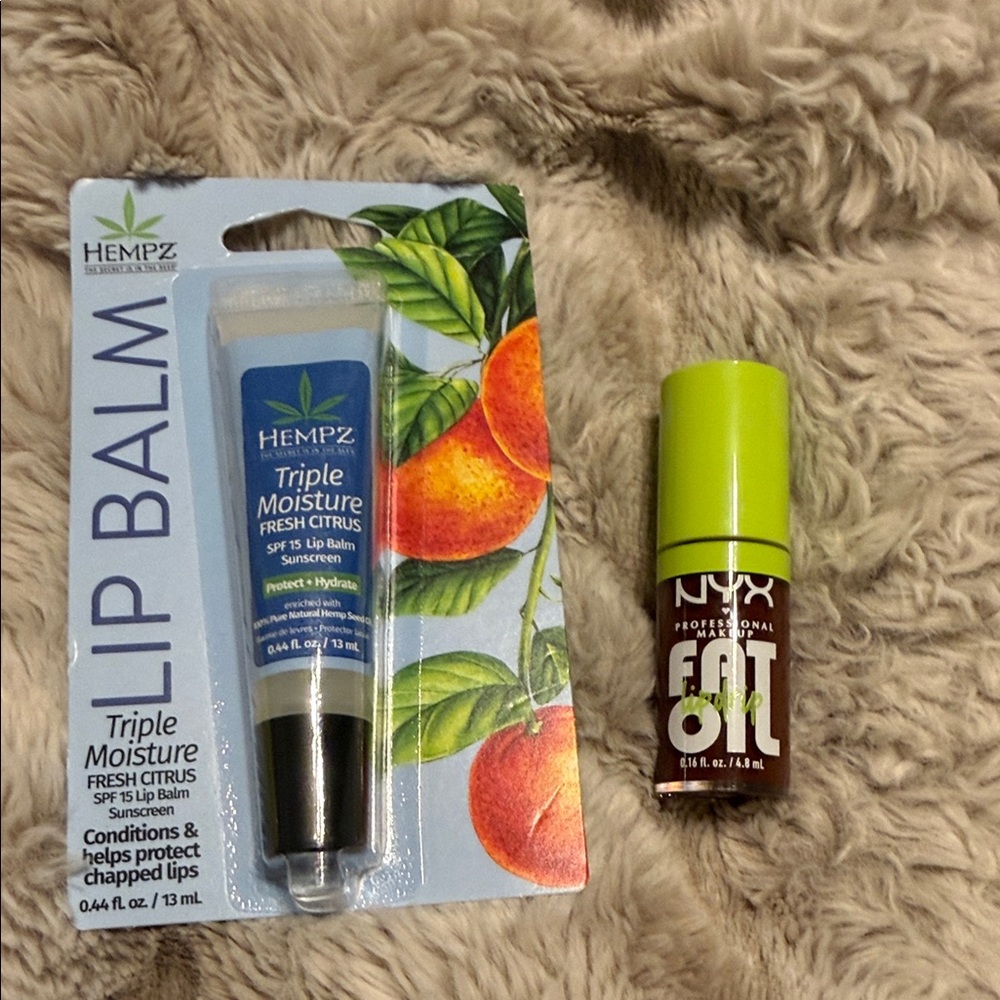 Hempz Triple Moisture + Nyx Fat Lip drip oil + tower 28 pistachio